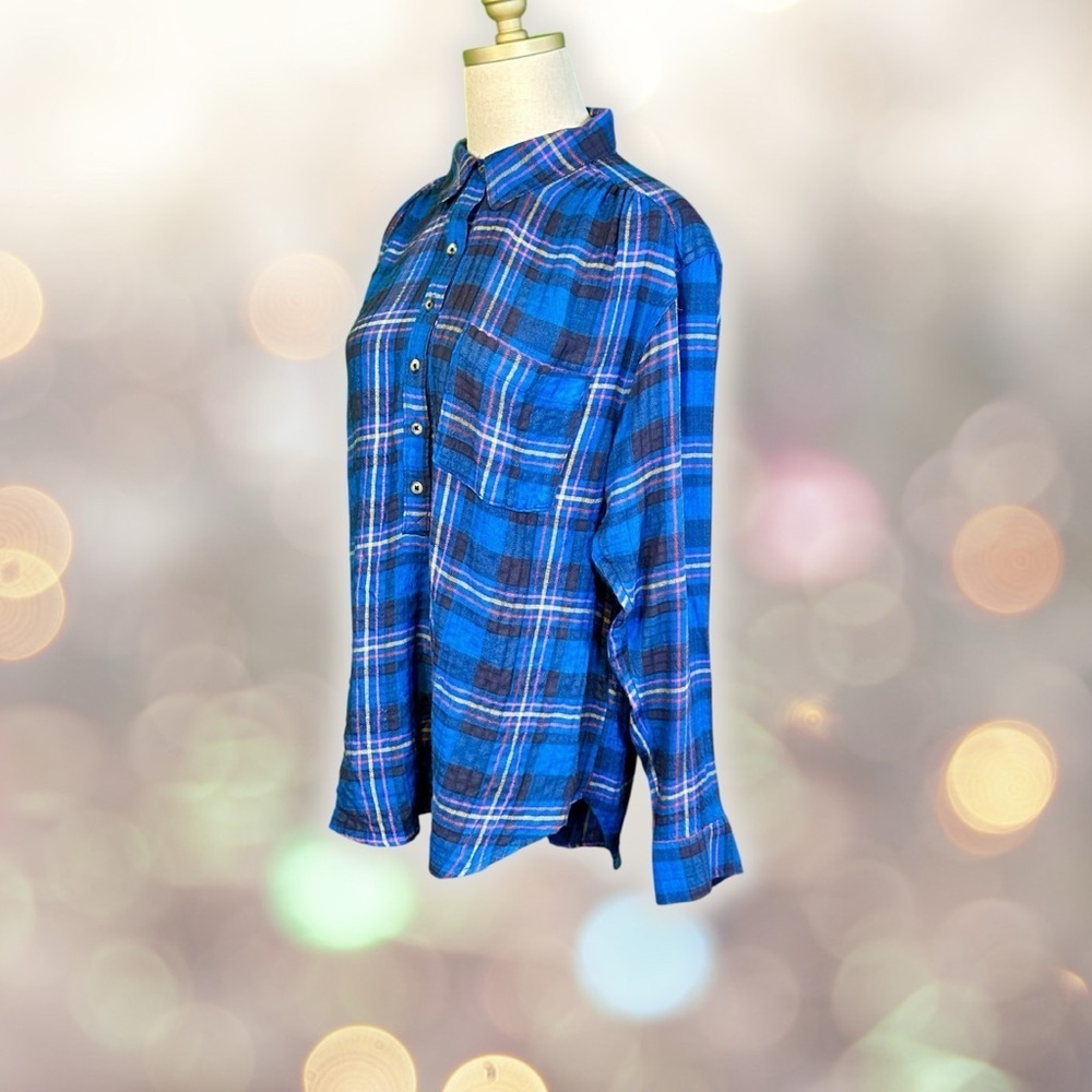 Anthropologie ‘Isadora’ Button-Back Flannel Tunic in Blue Plaid Size Medium - Picture 6 of 13